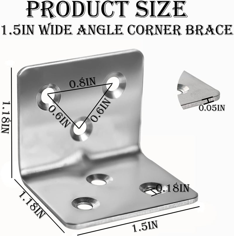 Evadow 80Pcs Stainless Steel Angle Brackets,1.2” x 1.2” x 1.5” Wide Small Corner Brace for Joining Furniture, Heavy Duty 90 Degree L Shape Corner Bracket, Right Angle Bracket for Wood Cabinets Furniture - Image 2